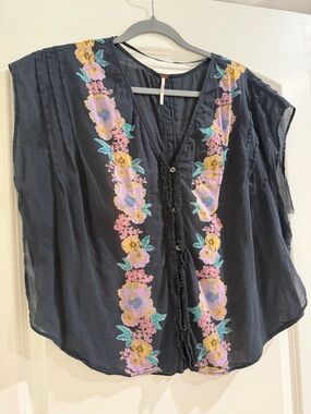 Free People Black Floral Embroidered V-Neck Blouse